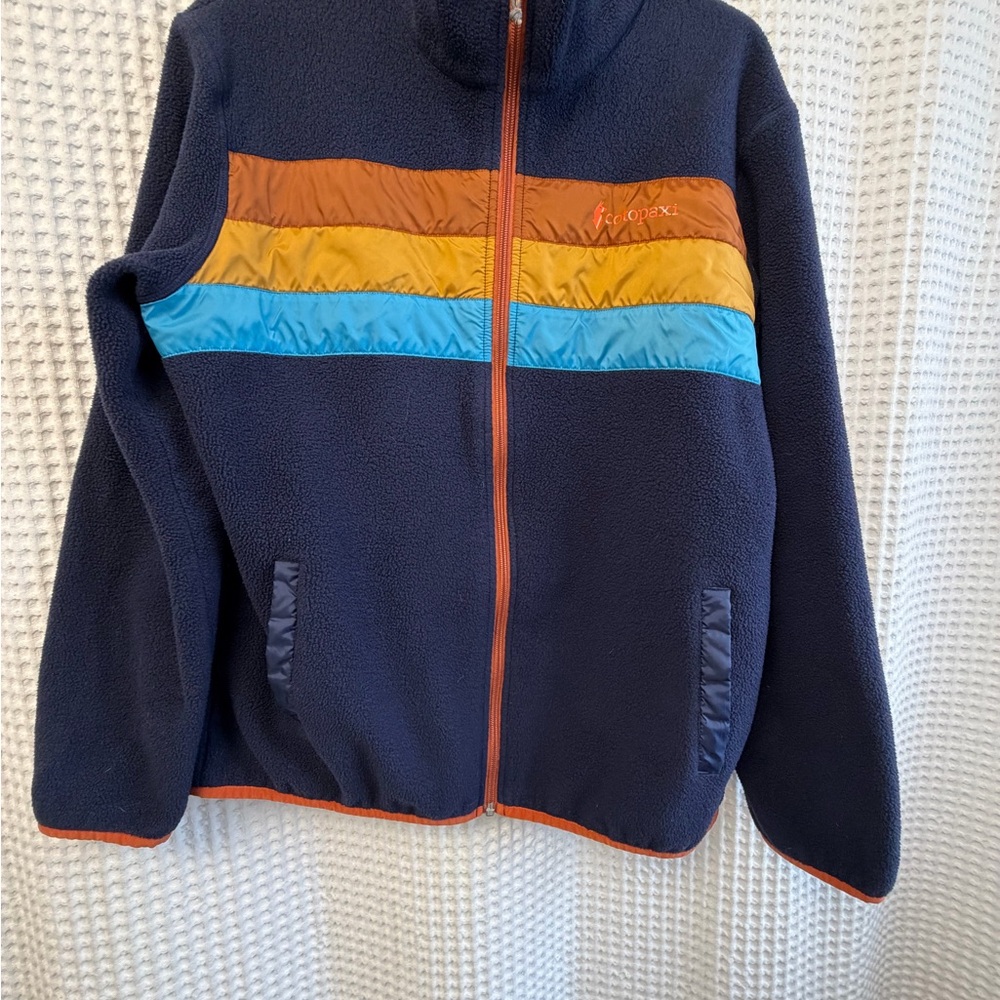 cotopaxi Navy Fleece Jacket with Orange, Yellow & Blue Chest Stripes - Picture 2 of 7